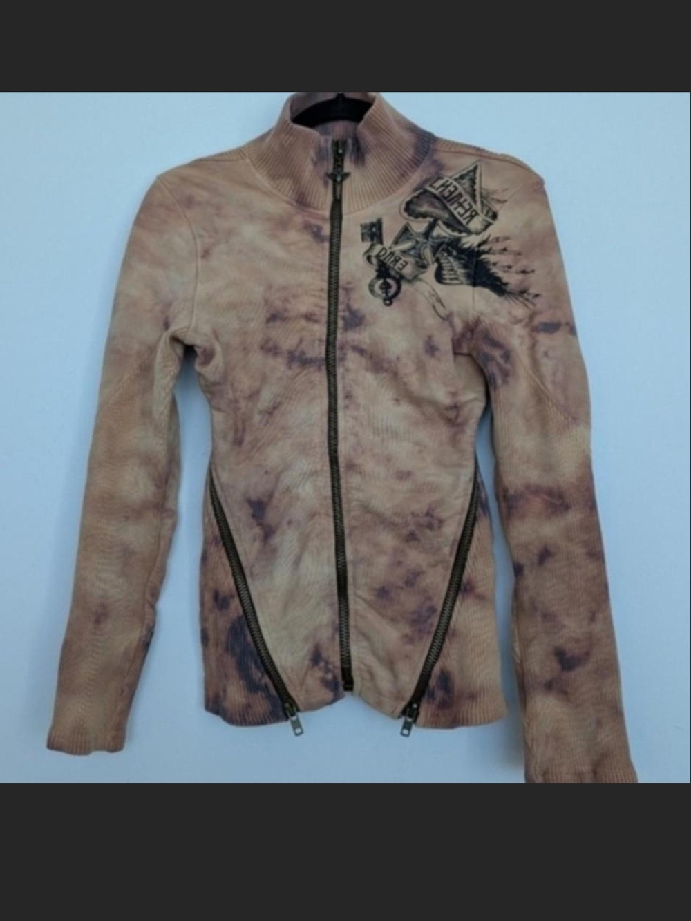 Salvage Tie-Dye Zip-Up Graphic Bomber Jacket in Tan and Purple. L